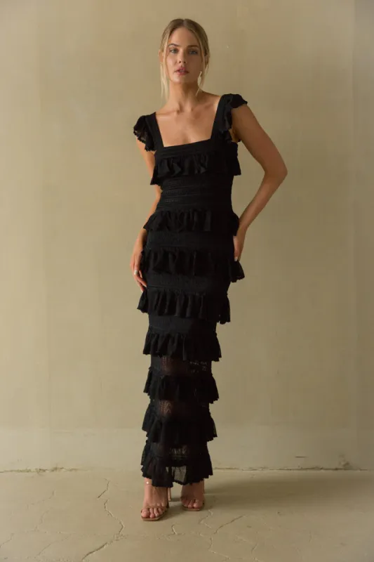 Renee Tiered Ruffle Crochet Maxi Dress sold by American Threads