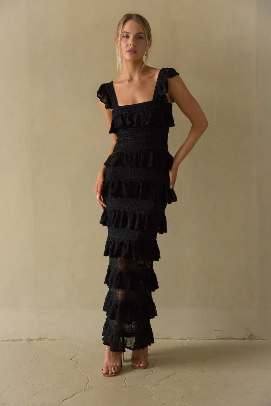 Renee Tiered Ruffle Crochet Maxi Dress sold by American Threads