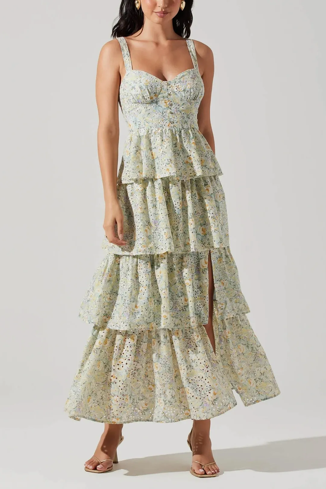 ASTR Midsummer Floral Tiered Maxi Dress in Mint Floral sold by American Threads