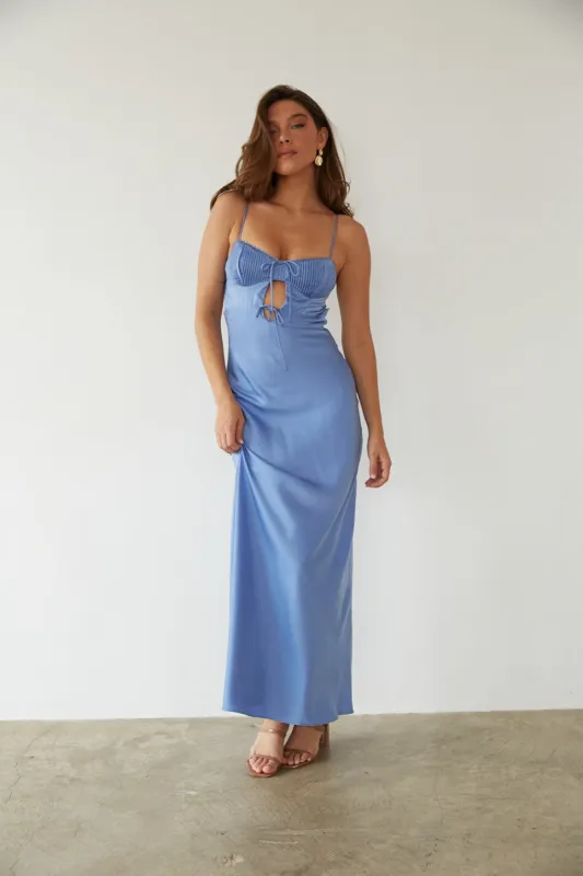 Misty Open Back Cutout Satin Maxi Dress sold by American Threads
