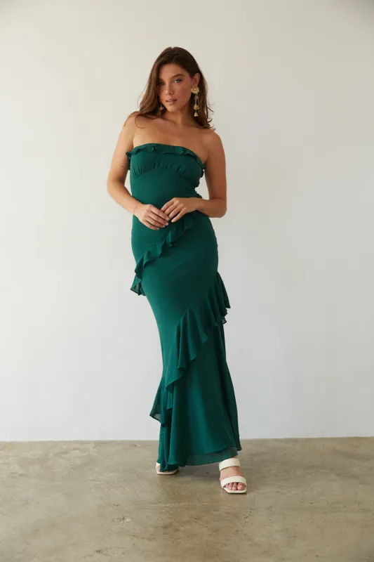 Jana Strapless Ruffle Open Back Maxi Dress sold by American Threads