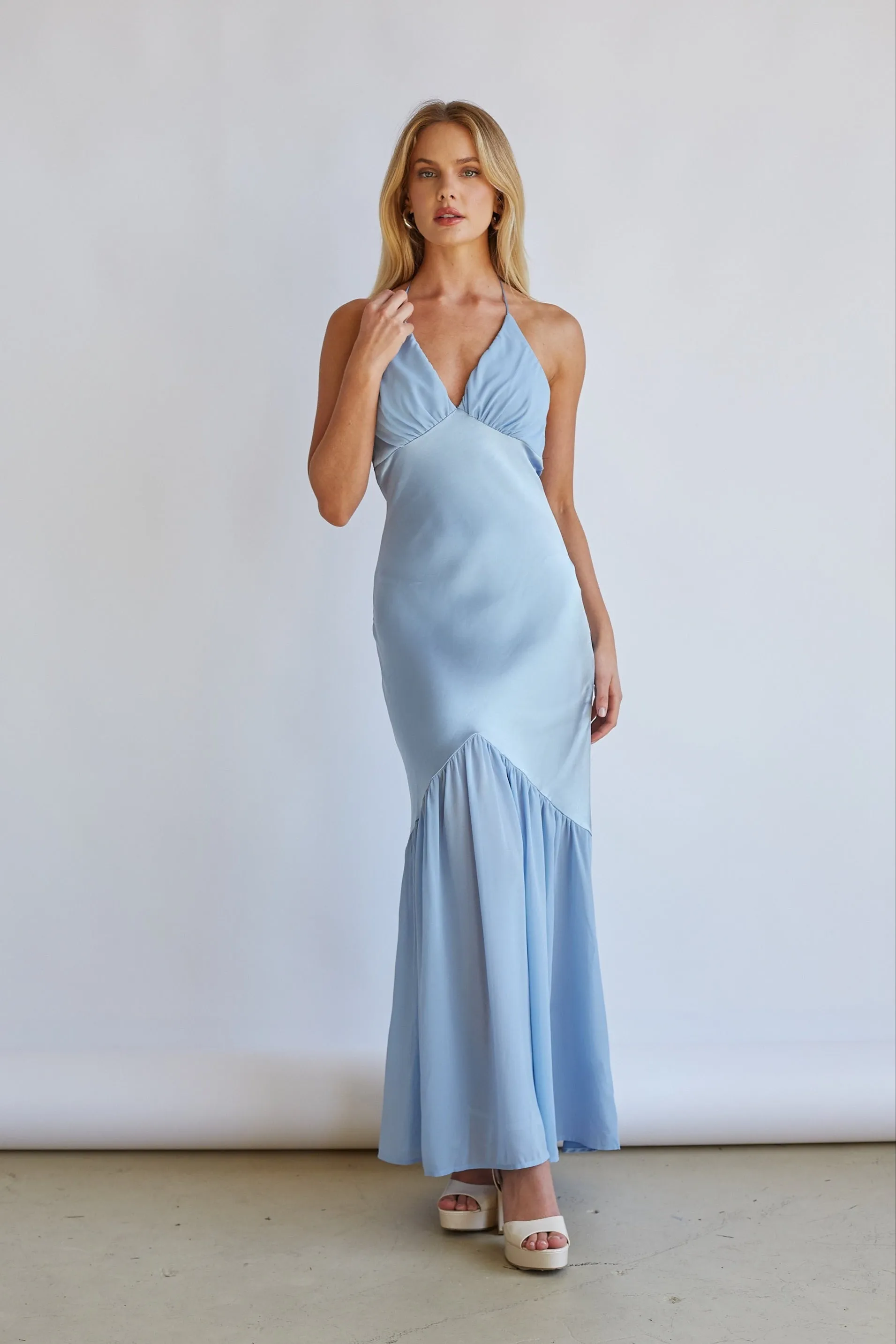 Lucinda Halter V-Neck Open Back Satin Midi Dress sold by American Threads product image thumbnail 4