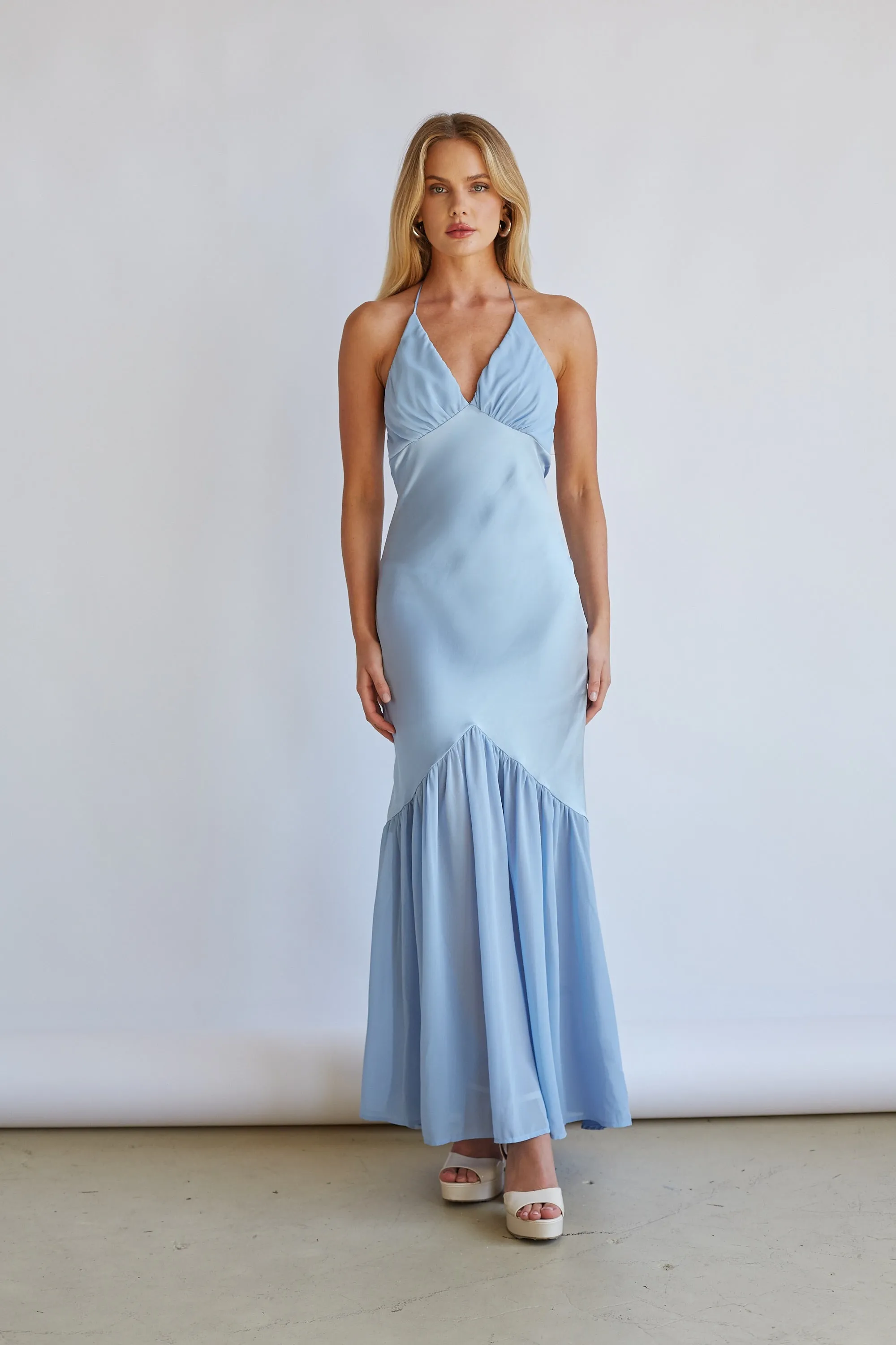 Lucinda Halter V-Neck Open Back Satin Midi Dress sold by American Threads