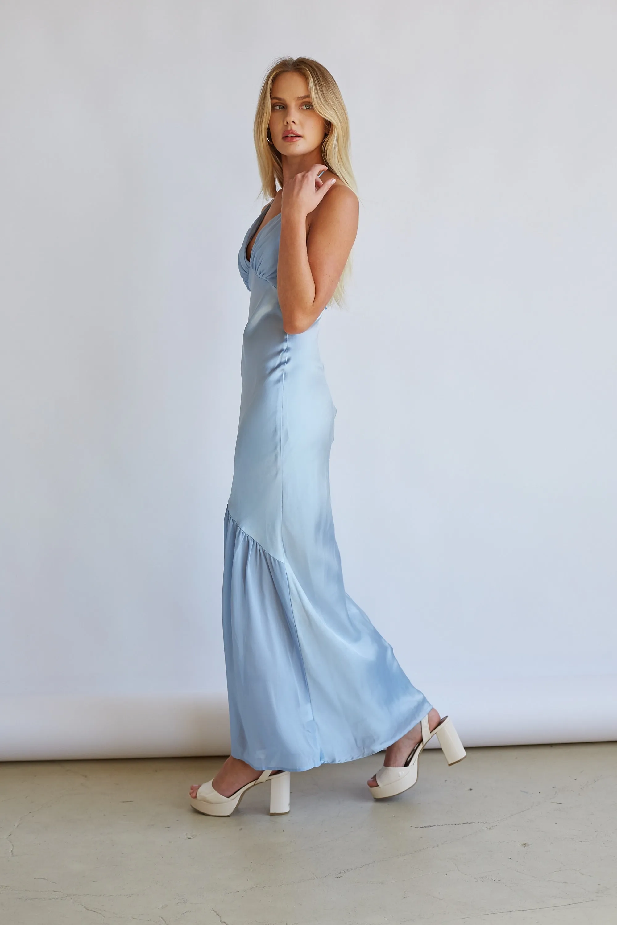 Lucinda Halter V-Neck Open Back Satin Midi Dress sold by American Threads product image thumbnail 3