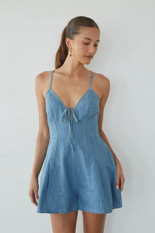 Bea Front Tie Denim Romper sold by American Threads