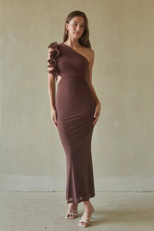 Echo One Shoulder Ruffle Maxi Dress sold by American Threads