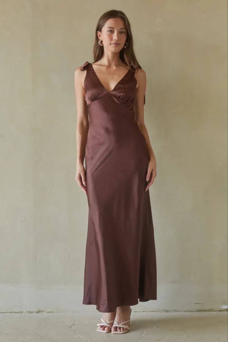Xandra Tie Satin Maxi Dress sold by American Threads
