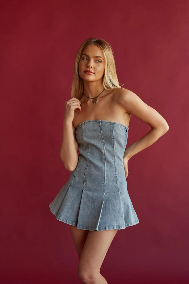 Blake Strapless Denim Mini Dress sold by American Threads