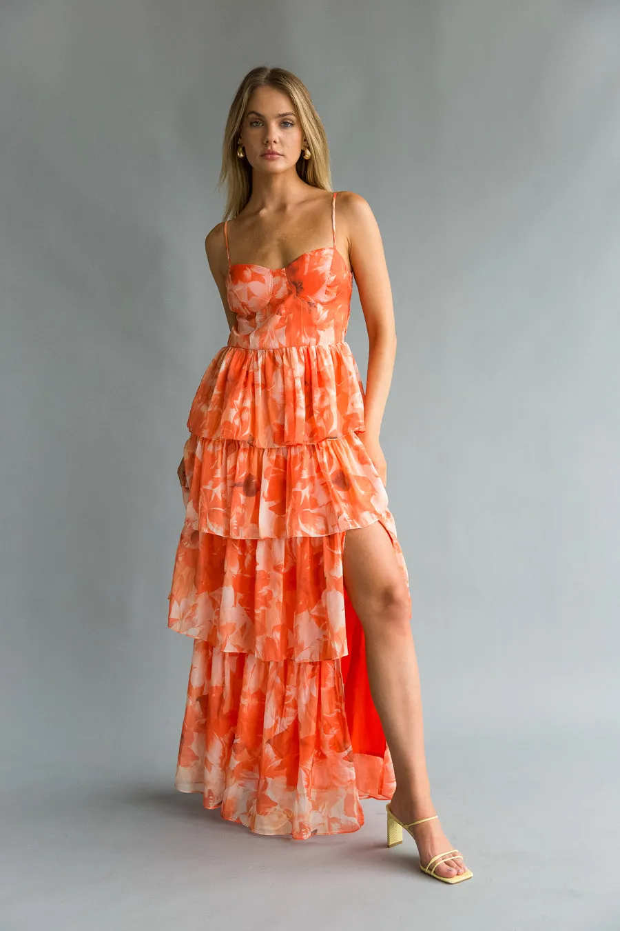[LOEUVRE] Flower Pattern Bustier Layered Maxi Dress /追跡付 Lavender Floral Gown - Cutout Waist Dress - Backless Maxi