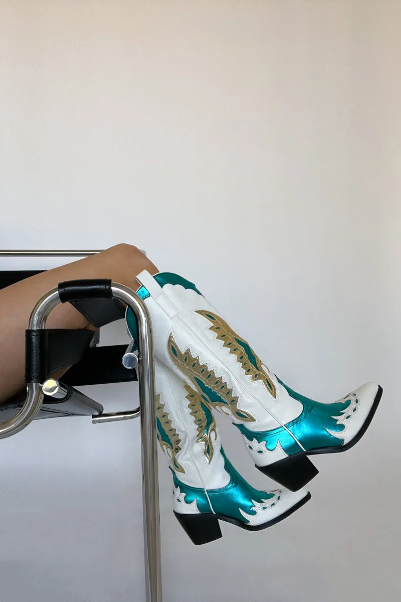 Azalea Wang Apolline Green Metallic Western Boots sold by American Threads