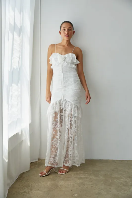 Aphrodite Lace Ruched Rosette Maxi Dress sold by American Threads