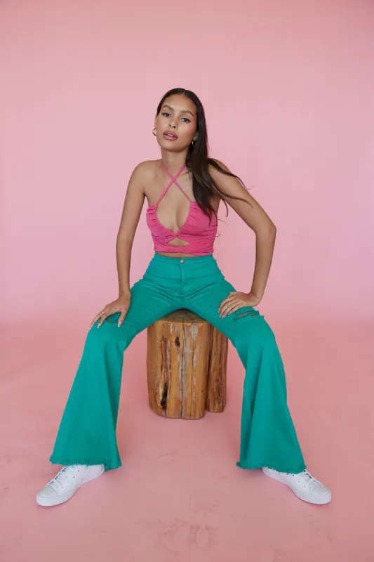 Niles Distressed Flare Jeans in Green sold by American Threads