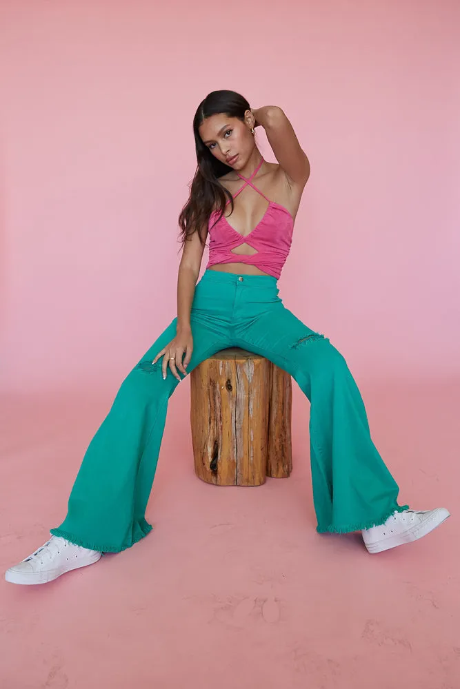 Niles Distressed Flare Jeans in Green sold by American Threads product image thumbnail 3