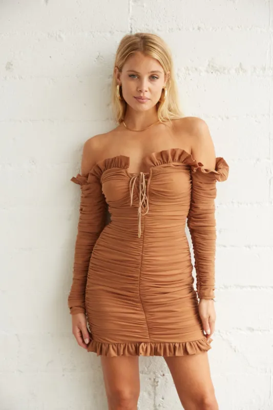 Tasha Off Shoulder Ruched Mini Dress sold by American Threads