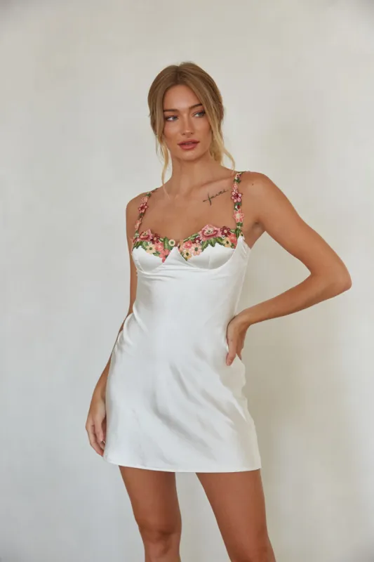 Meadow Floral Trim Satin Mini Dress sold by American Threads