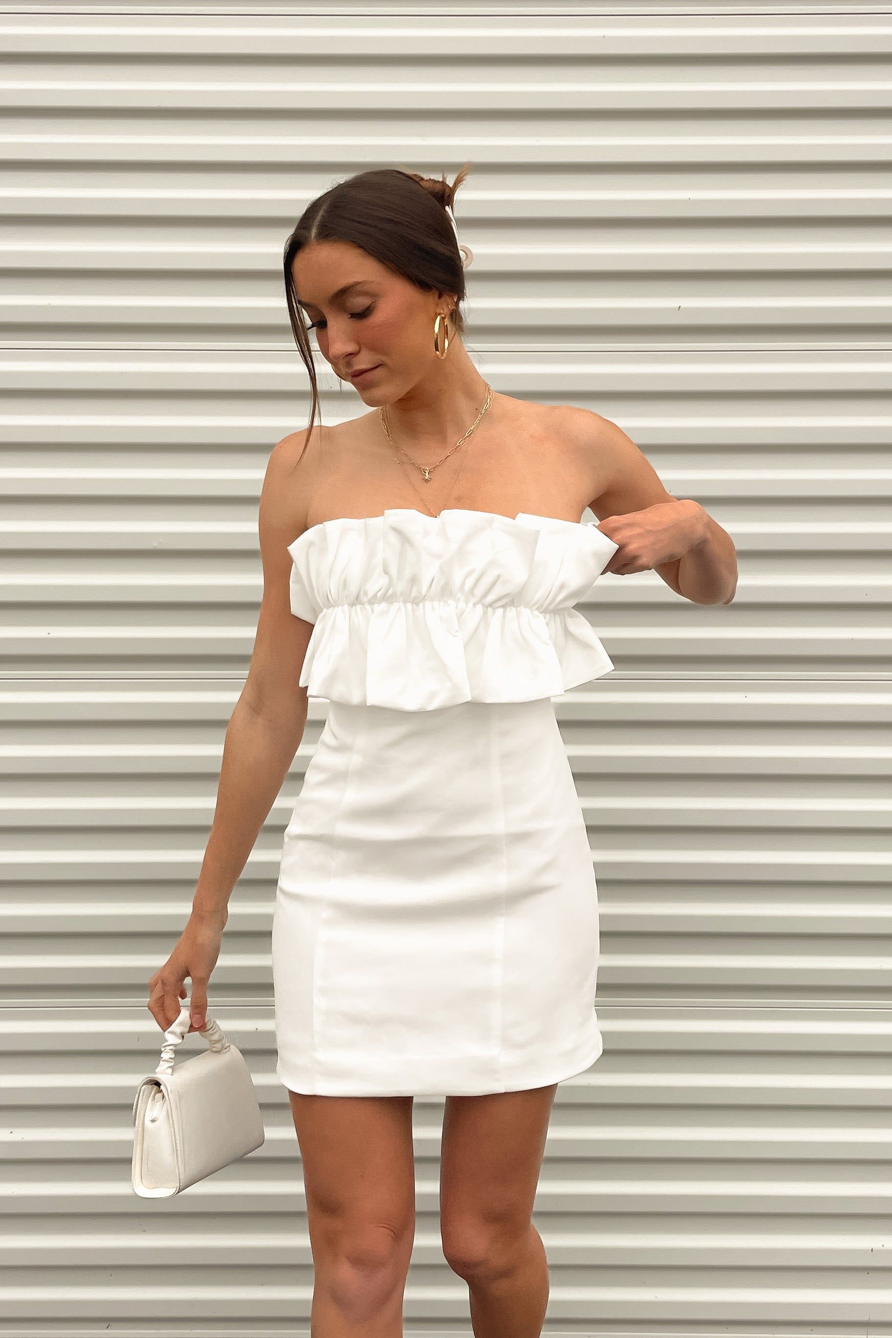 Cassandra Ruffle Mini Dress in White sold by American Threads