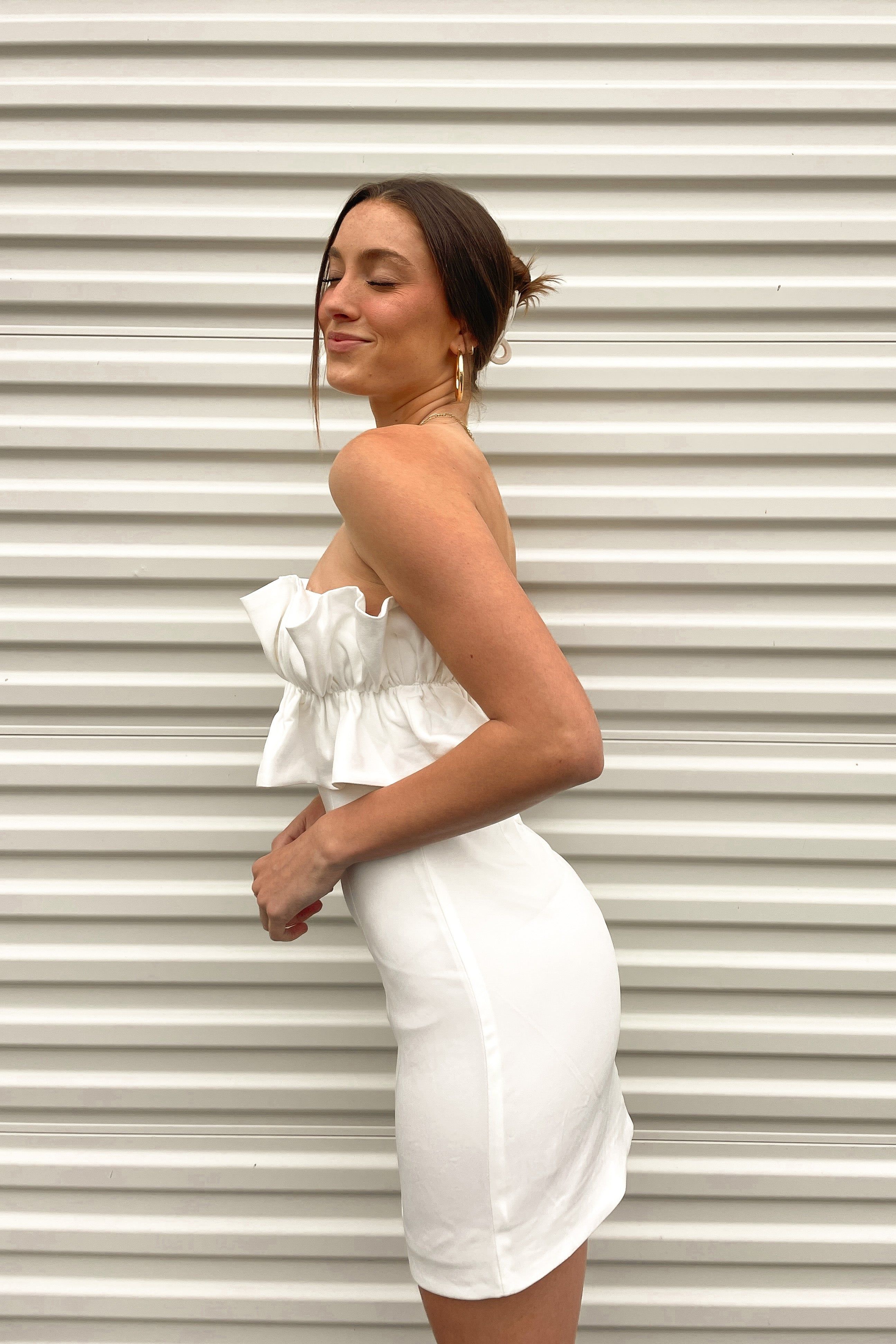 Cassandra Ruffle Mini Dress in White sold by American Threads product image thumbnail 2