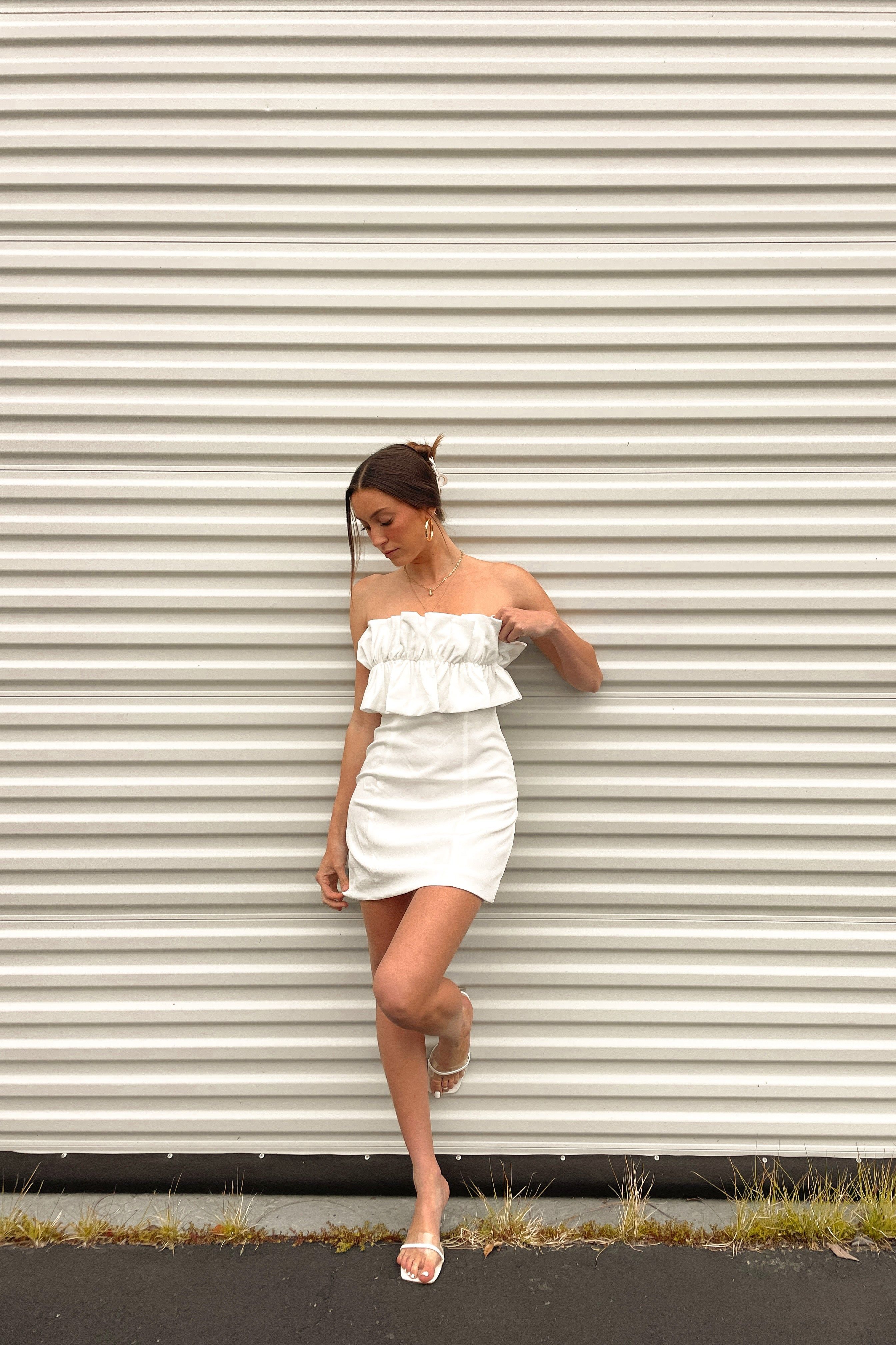 Cassandra Ruffle Mini Dress in White sold by American Threads product image thumbnail 7