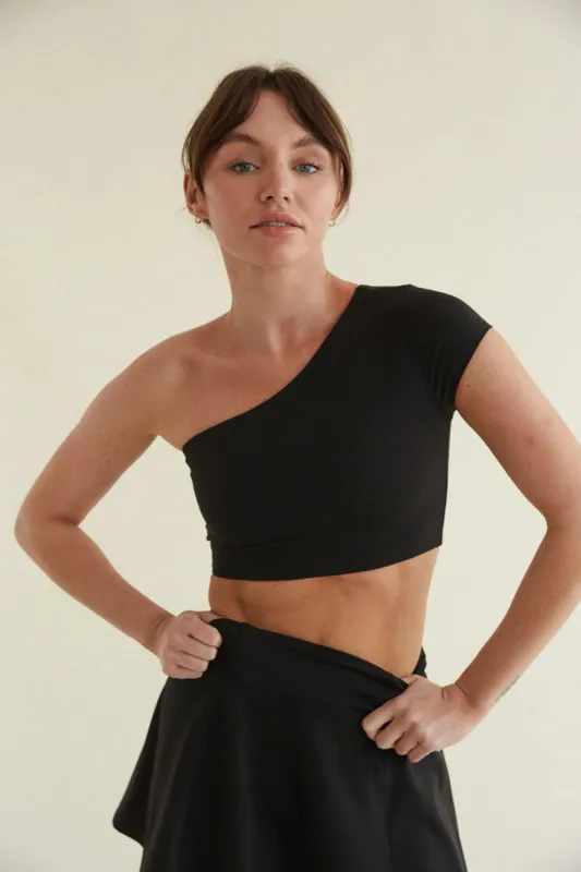 Mia Smoothing One Shoulder Crop Top in Black sold by American Threads