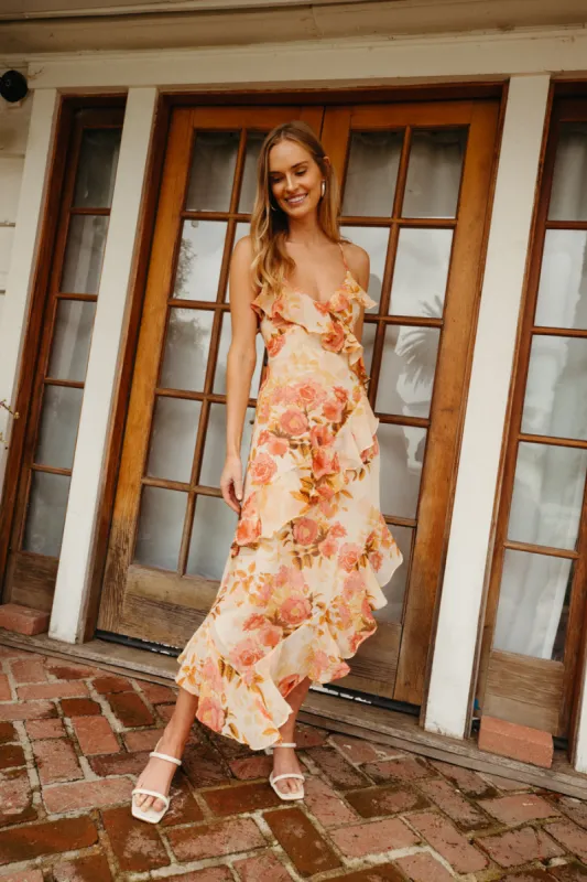 Asteria Open Back Ruffle Midi Dress sold by American Threads