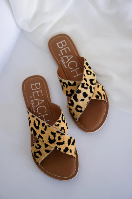 Pebble Slide Sandal in White Leopard sold by American Threads
