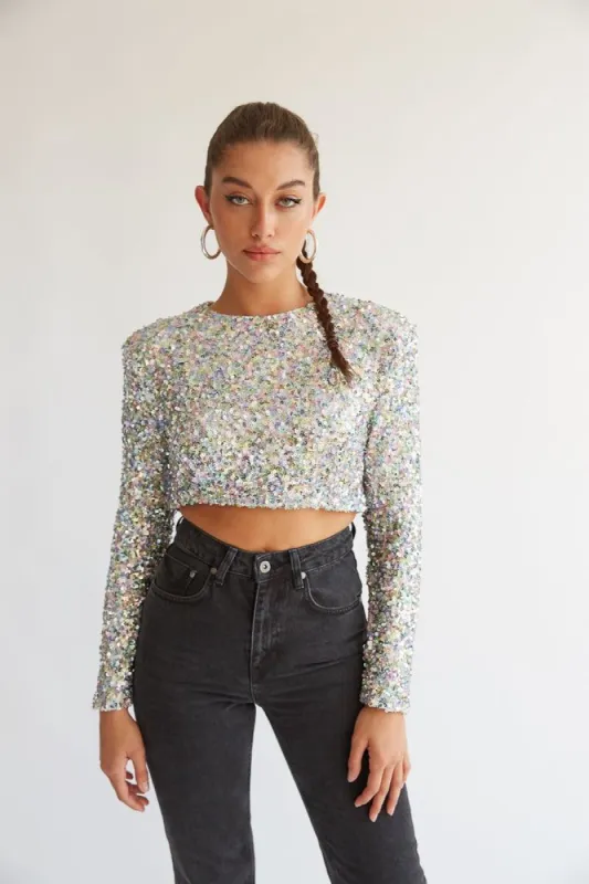 Penthouse Sequin Crop Top in Rainbow Silver sold by American Threads