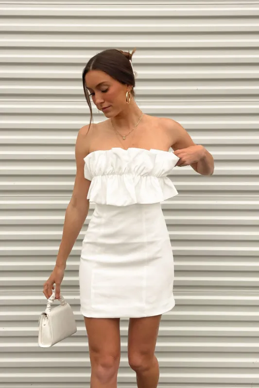 Cassandra Ruffle Mini Dress in White sold by American Threads