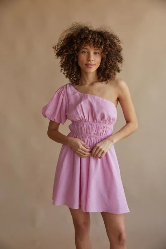 Charlotte One Shoulder Puff Sleeve Babydoll Mini Dress sold by American Threads
