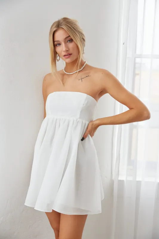 Bella Strapless Babydoll Mini Dress in White sold by American Threads