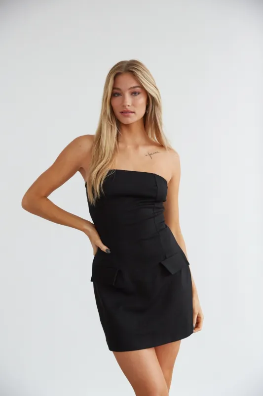 Penelope Front Pocket Mini Dress in Black sold by American Threads