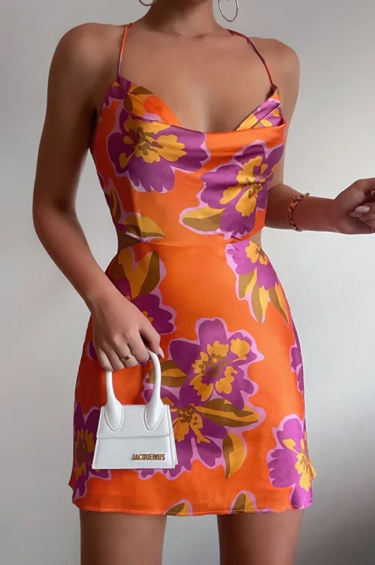 Orchid Satin Mini Dress in Orange Floral sold by American Threads