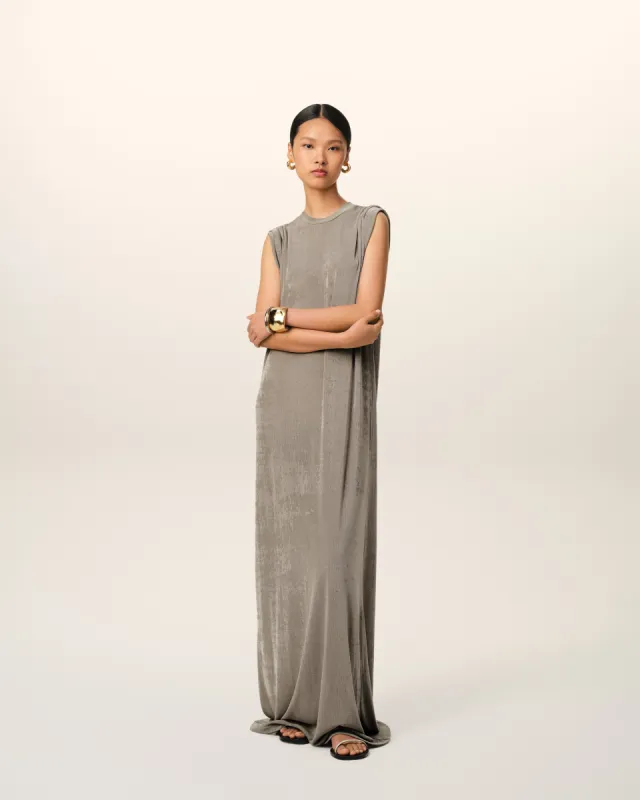 Robe Beige Longue Manches Courtes En Jersey Brillant sold by Ami