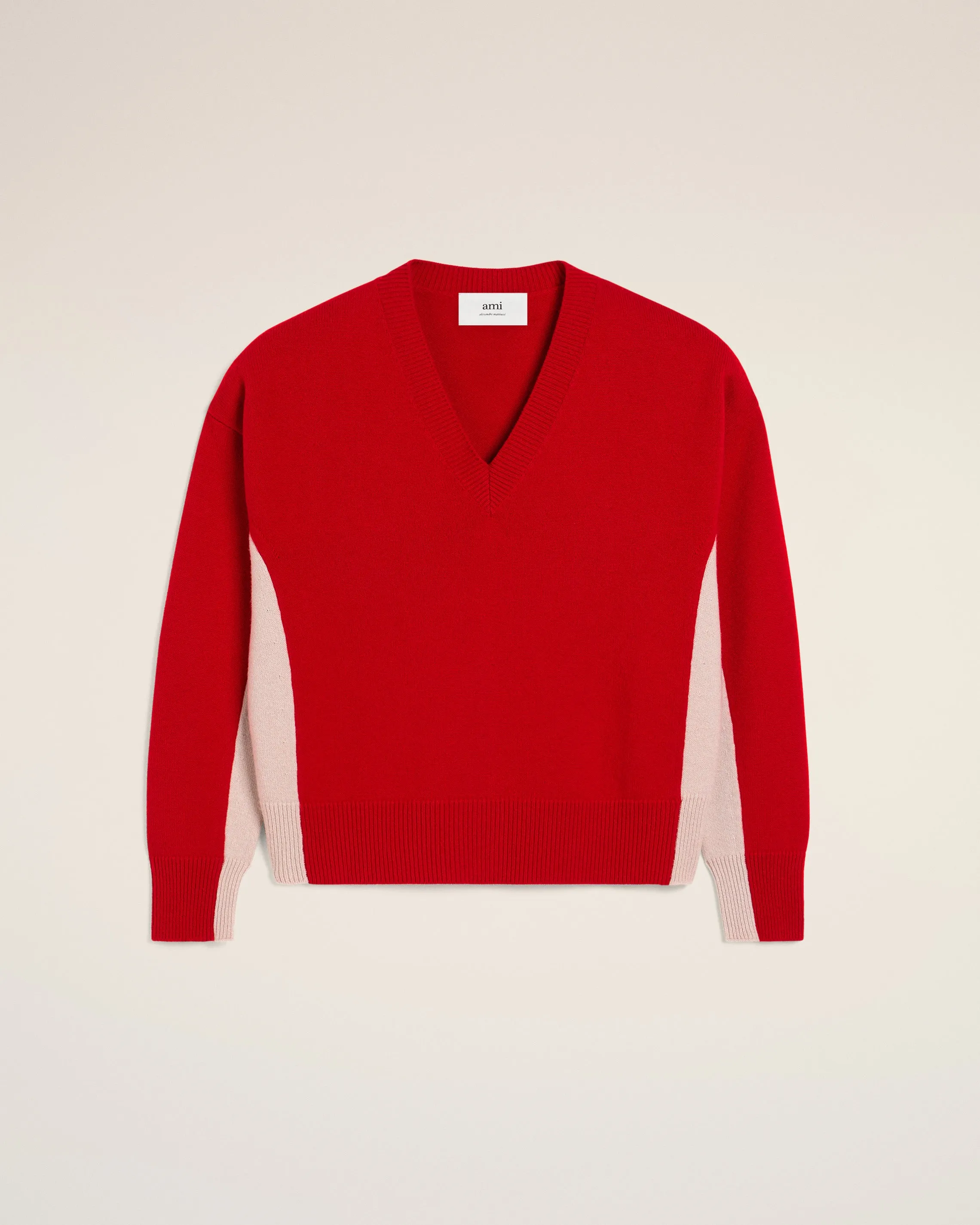 Pull Rouge Bicolore Col V En Maille En Laine sold by Ami product image thumbnail 2