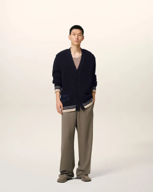 Cardigan Bleu Marine A Côtes En Laine sold by Ami