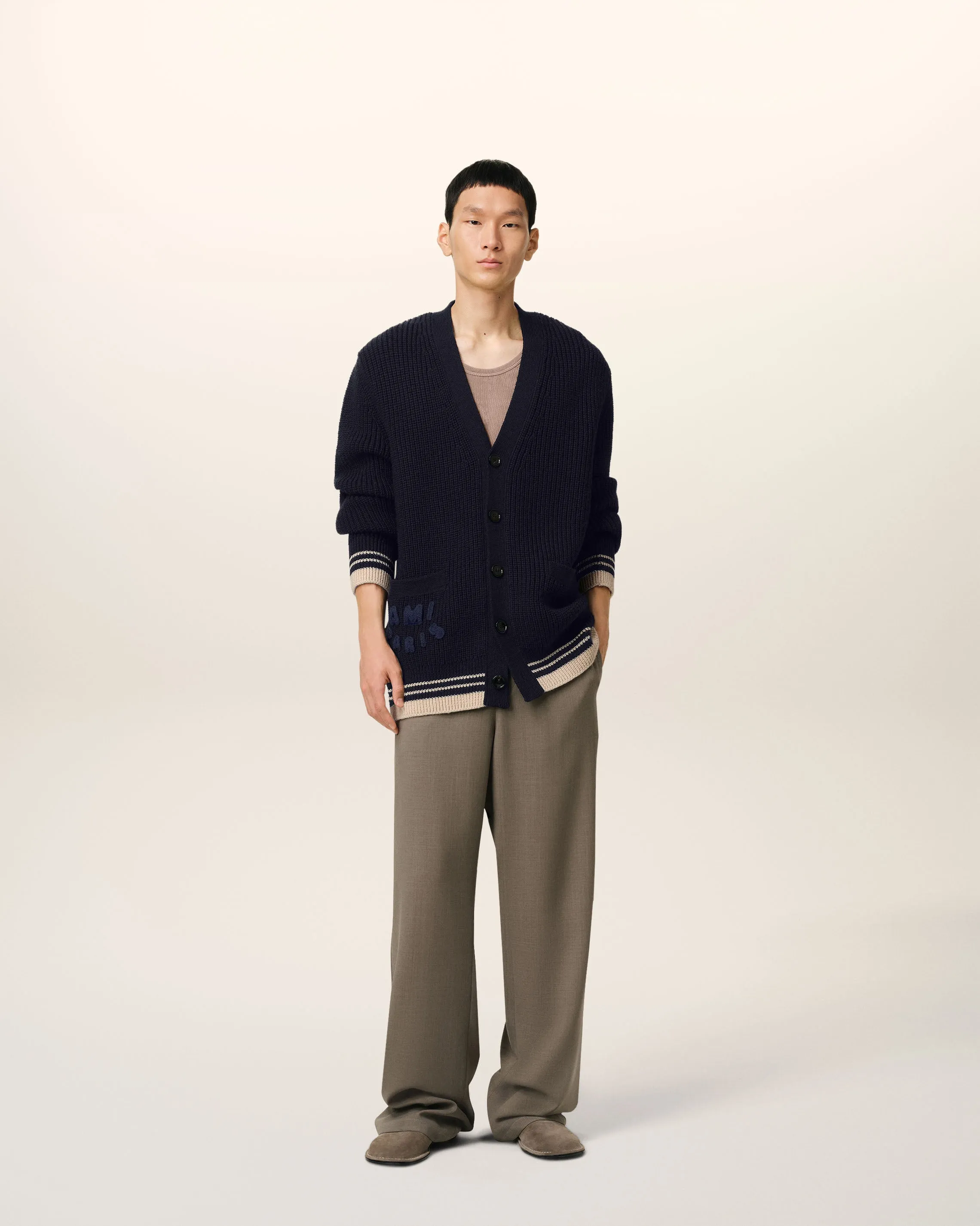 Cardigan Bleu Marine A Côtes En Laine sold by Ami