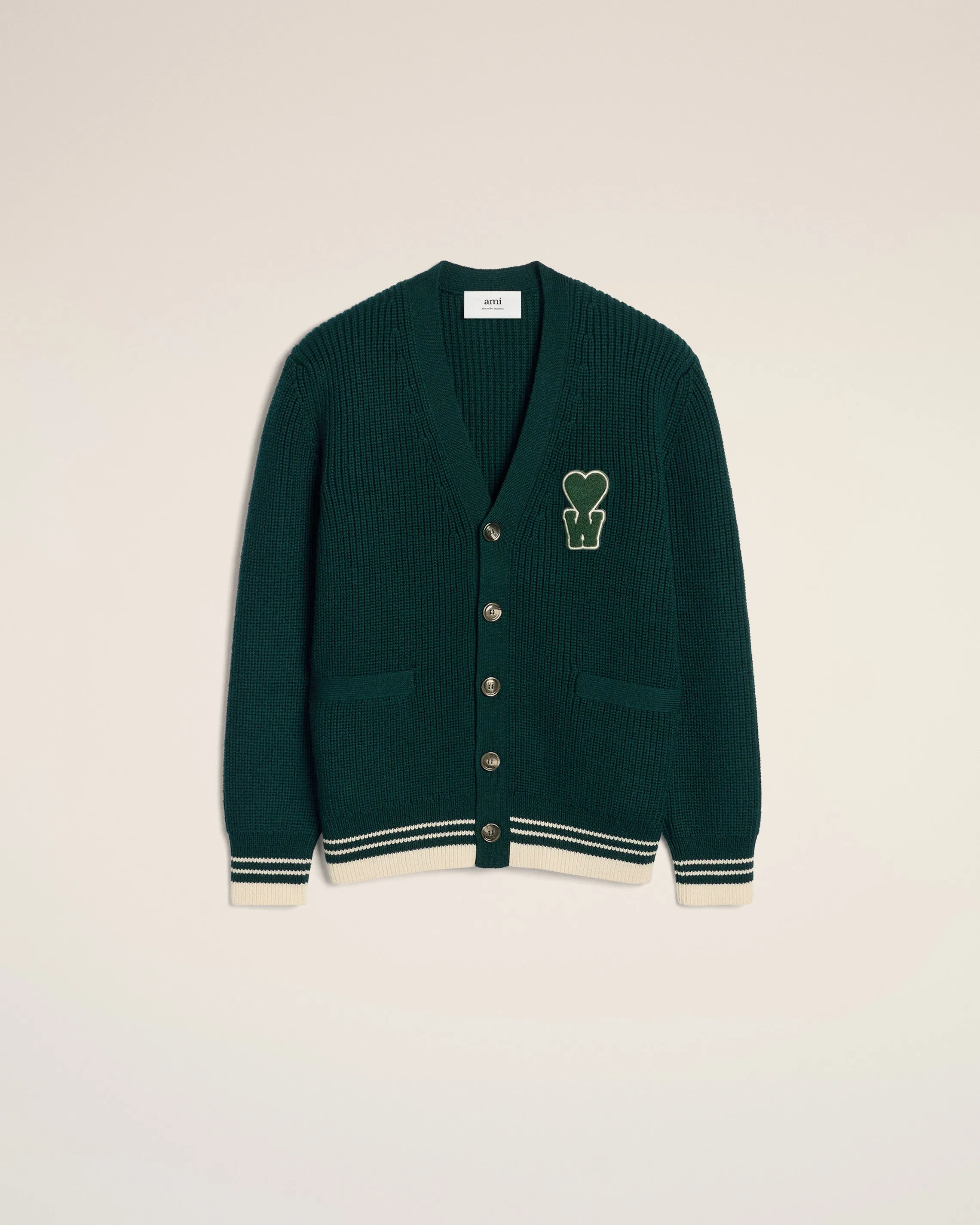 Cardigan A Côtes Vert En Laine Avec Patch sold by Ami