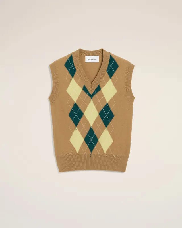 Pull Marron Sans Manches Avec Intrasia Argyle En Laine Et Coton made by Ami