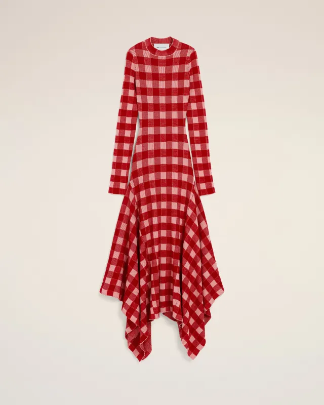 Robe longue à godets à carreaux rose en laine et coton made by Ami