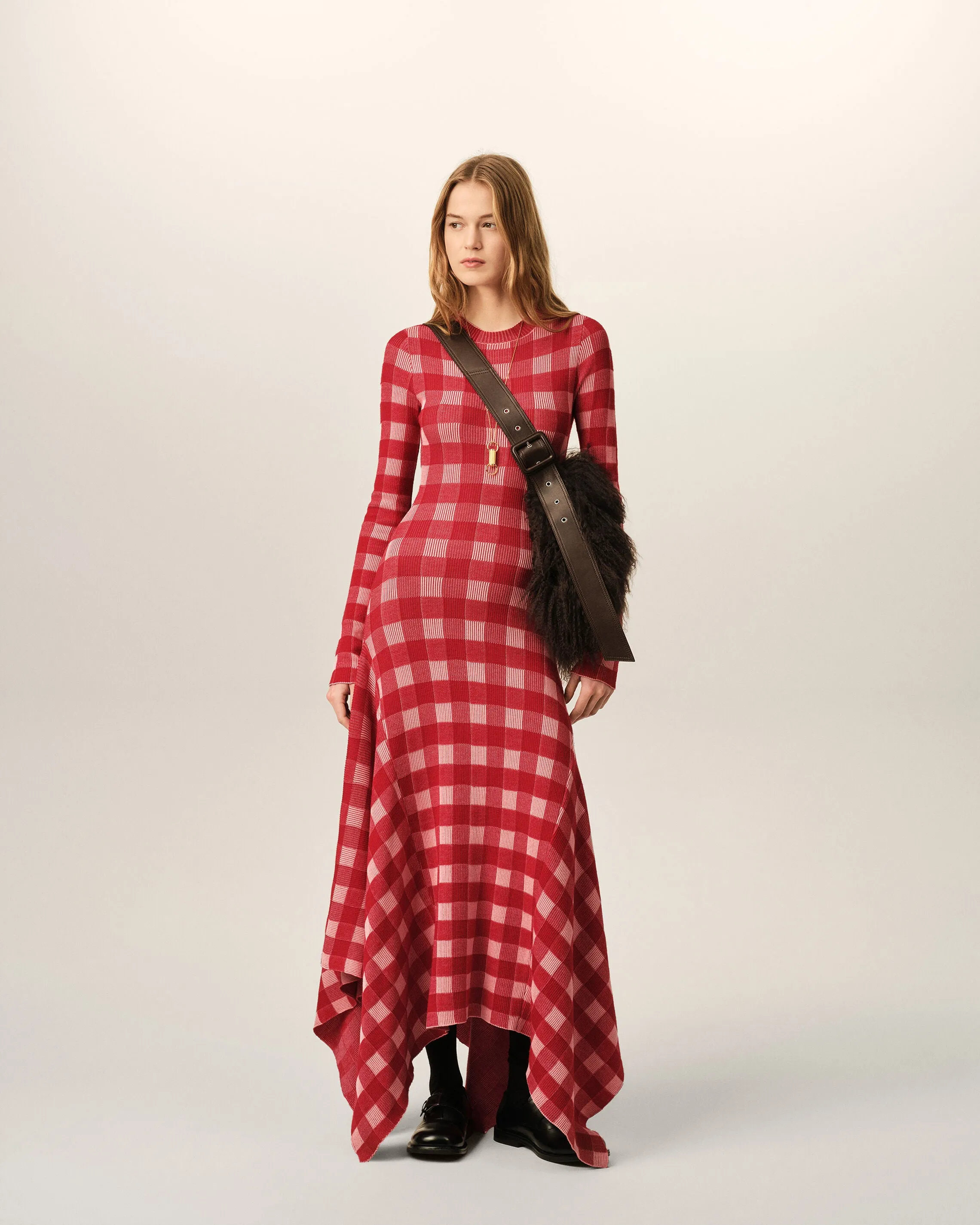 Robe longue à godets à carreaux rose en laine et coton sold by Ami product image thumbnail 2