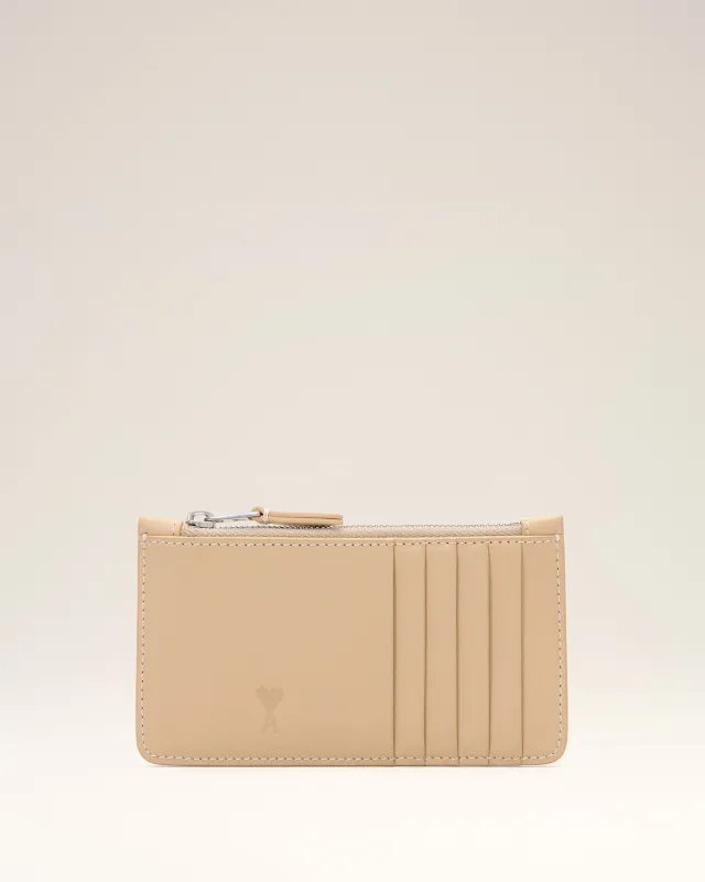 Porte-cartes zippé beige en cuir de vachette Ami de Coeur made by Ami