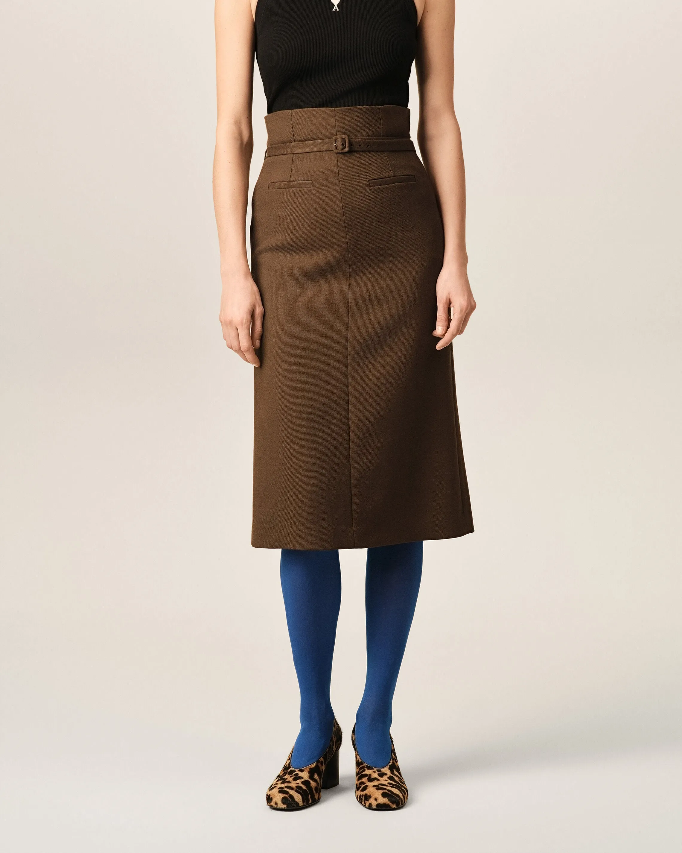 Jupe crayon marron ceinturée en laine sold by Ami product image thumbnail 3
