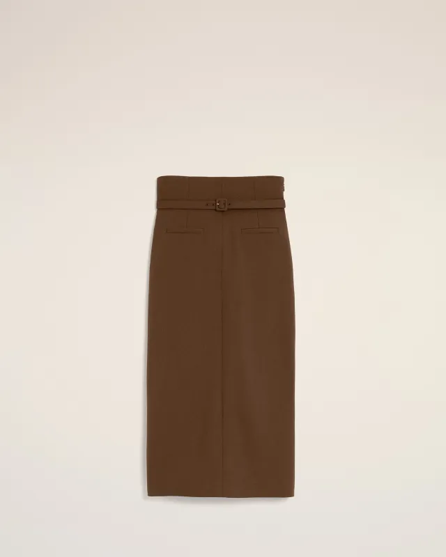 Jupe crayon marron ceinturée en laine made by Ami
