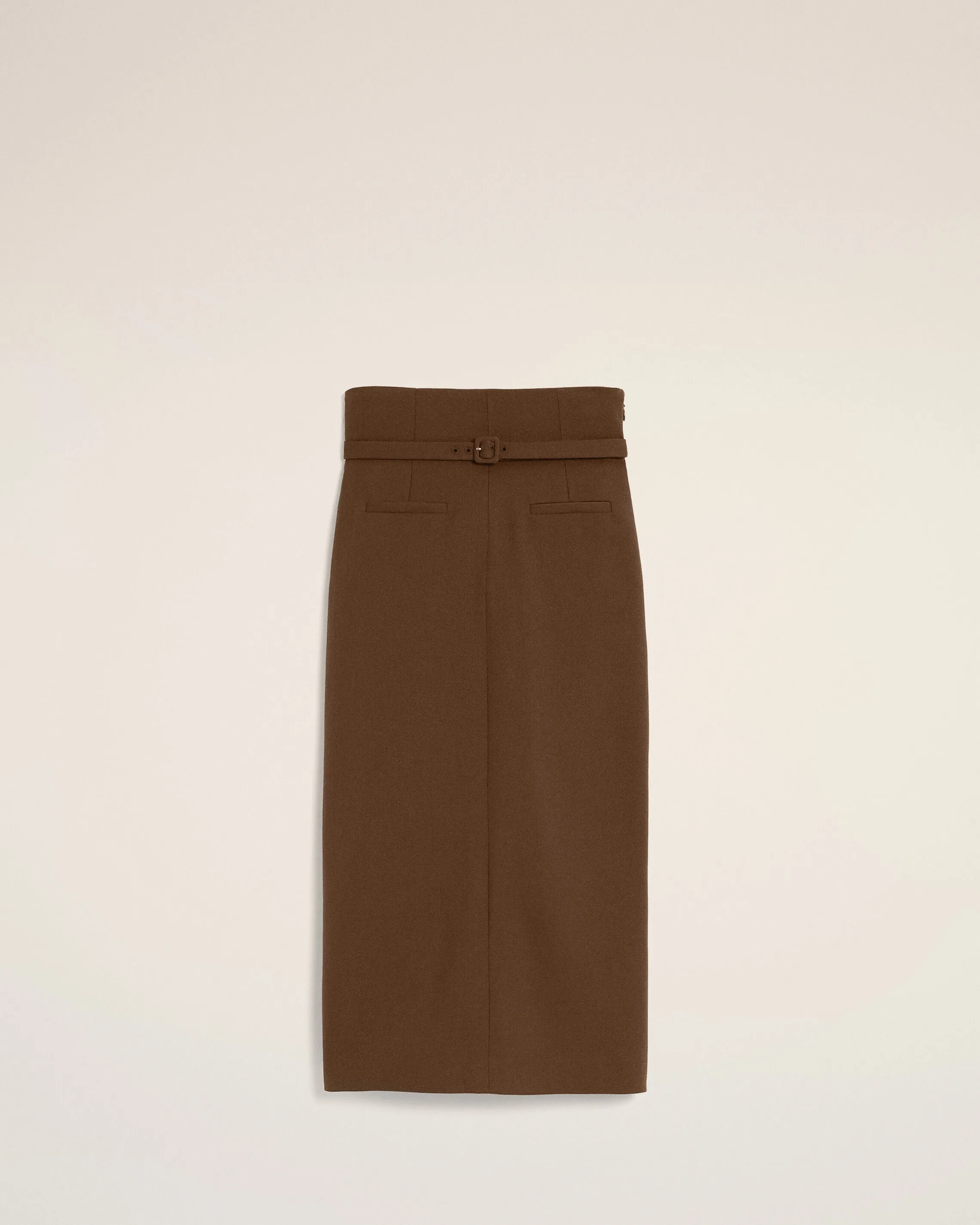 Jupe crayon marron ceinturée en laine sold by Ami