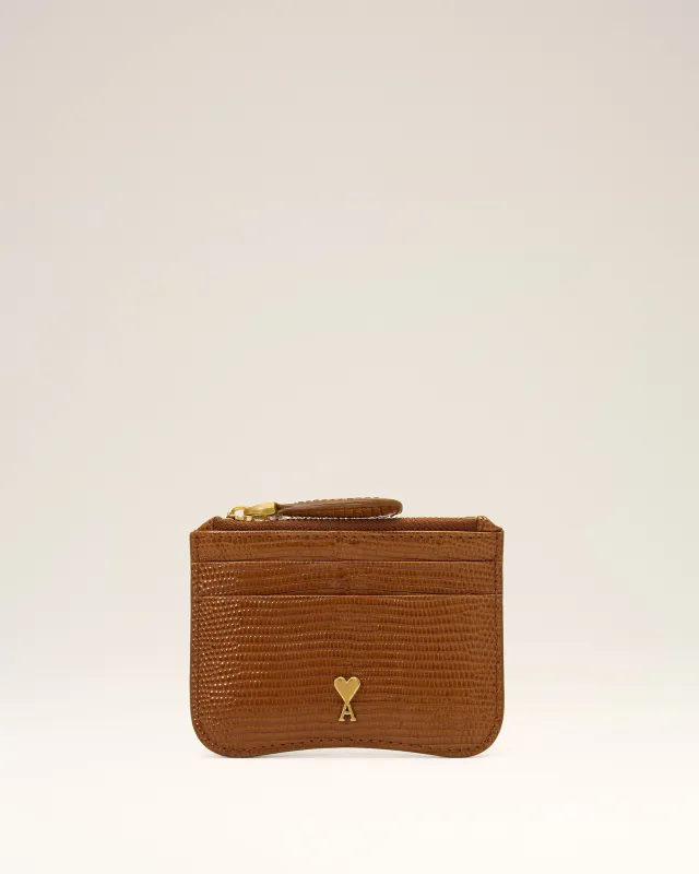 Porte-cartes Paris Paris marron zippé en cuir embossé lézard made by Ami