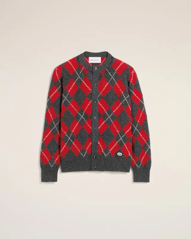 Cardigan gris motif argyle rouge en laine made by Ami