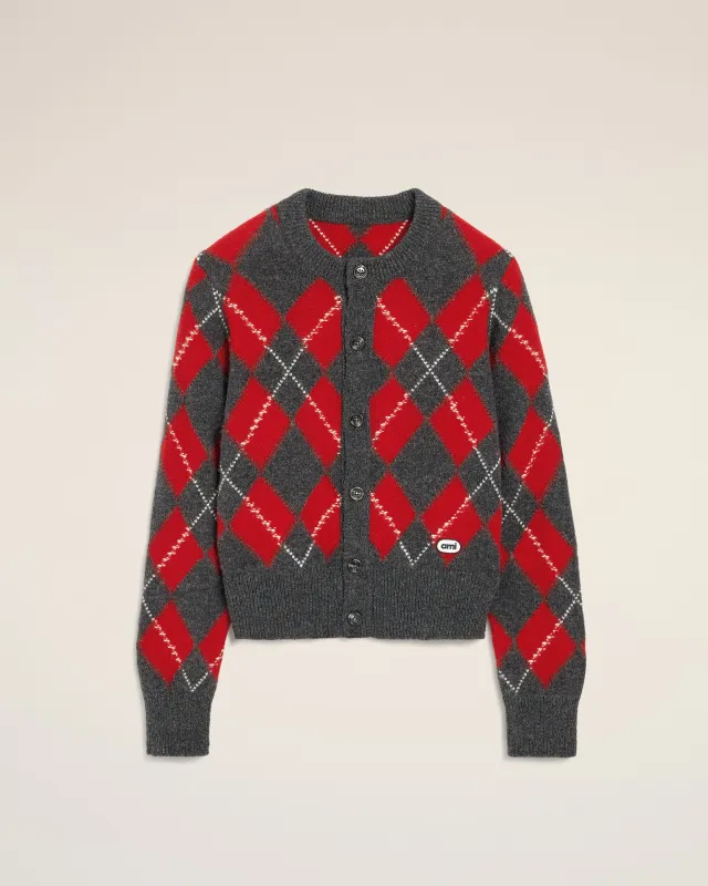Cardigan gris motif argyle rouge en laine made by Ami