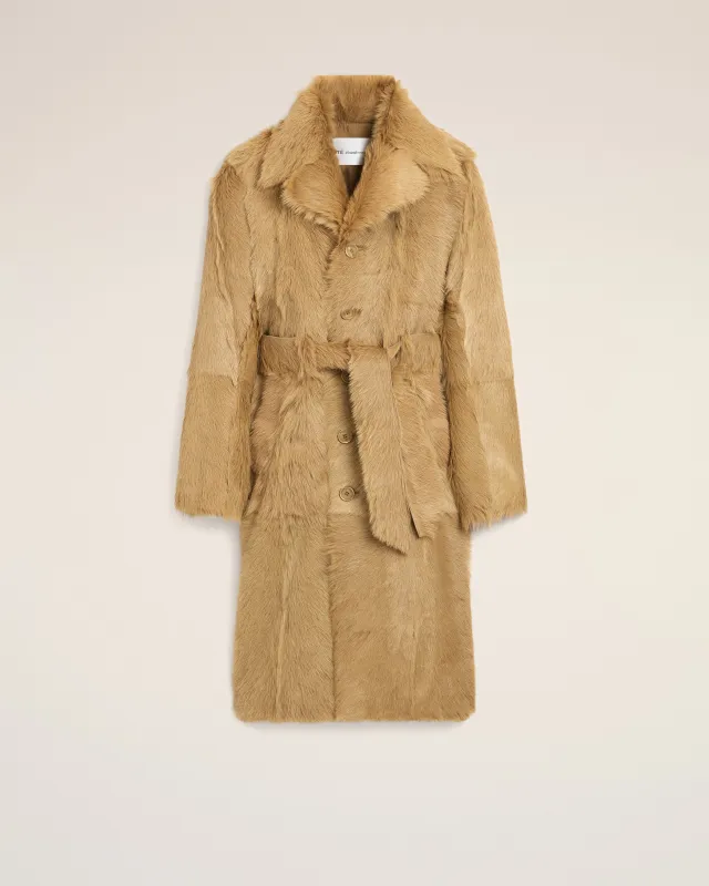 Manteau long beige ceinturé en cuir de chèvre made by Ami