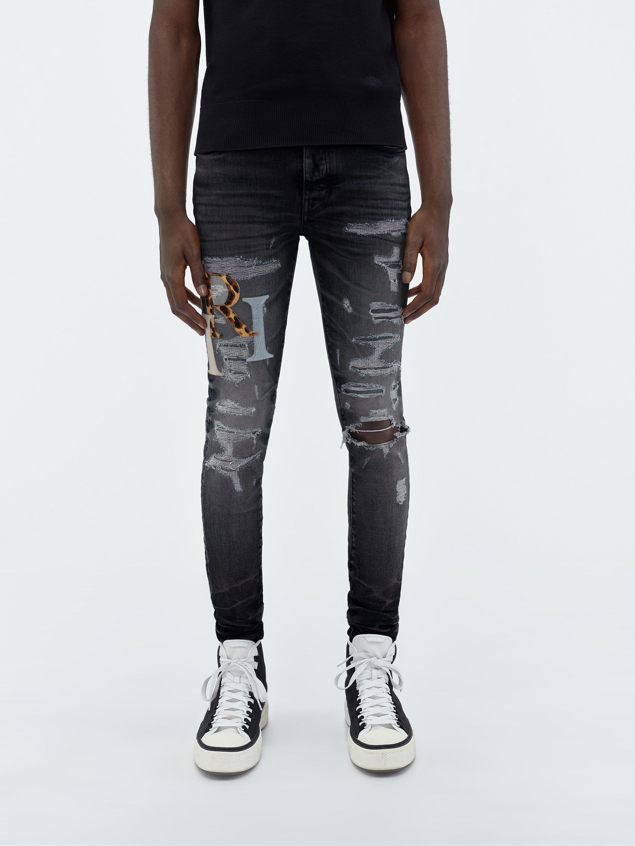 LEATHER STAGGERED LOGO JEAN - FADED BLACK sold by AMIRI product image thumbnail 3
