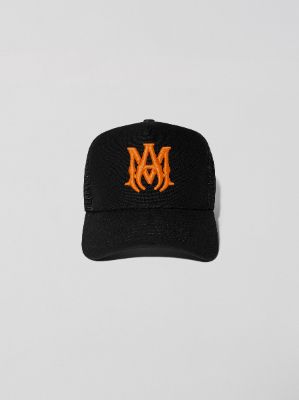 M.A. LOGO TRUCKER HAT - BLACK / ORANGE sold by AMIRI