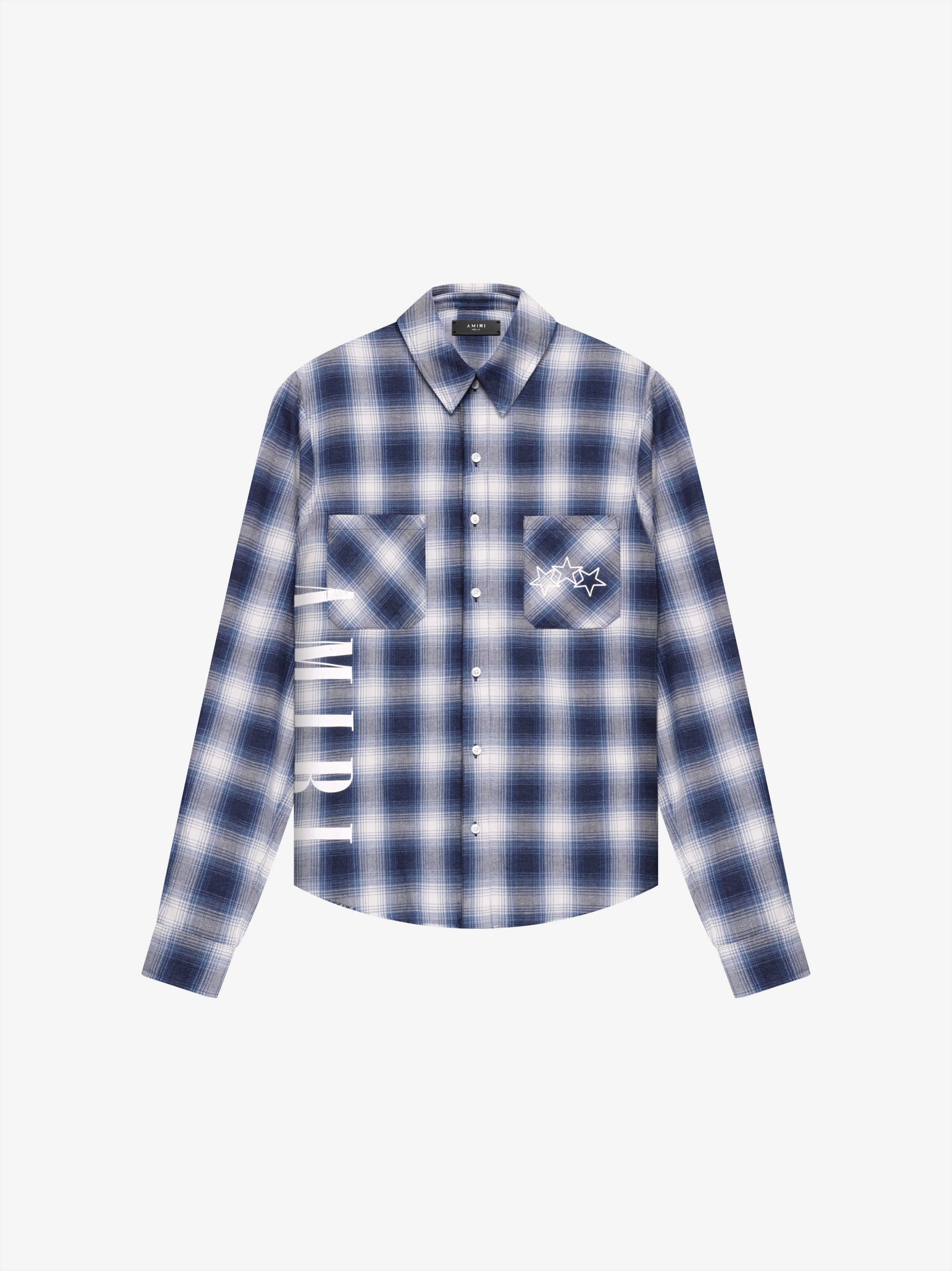 VERTICAL LOGO CRACK INK PLAID - BLUE / WHITE sold by AMIRI